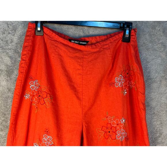 2 Piece Linen Blend Pant Set Size 10 Orange Floral Embroidered Beaded Fringe - Picture 7 of 10
